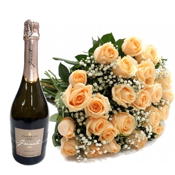 Buquê Com 24 Rosas Champagne E Vinho Salton Giornata