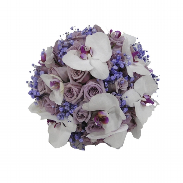 Buque de noiva com  rosa lilas e orquídea exotica
