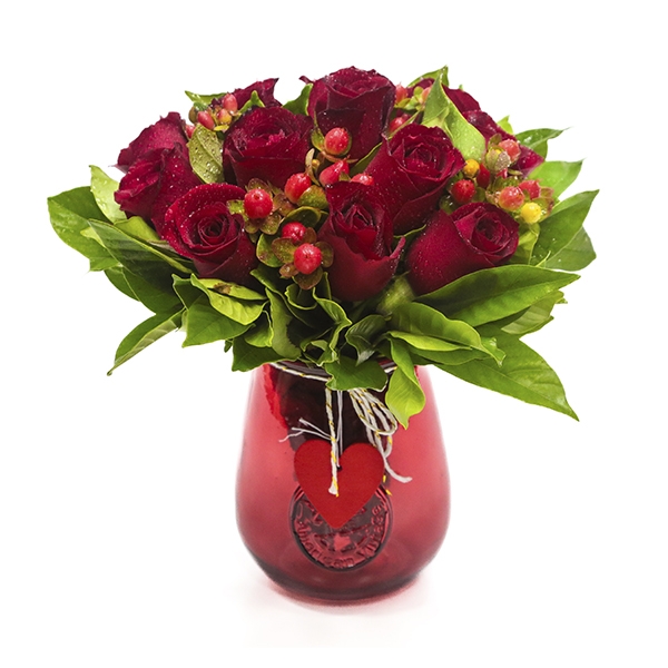 Arranjo de Rosas Vermelhas em Lindo Vaso de Vidro