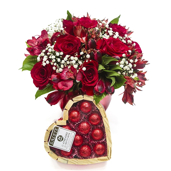 arranjo redflowers com chocolate