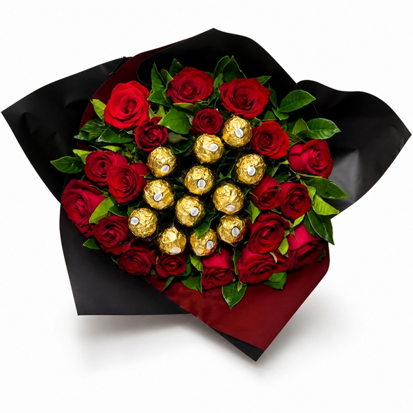 Buque Premium Romance- 20 Unidades de Rosas vermelhas e chocolate