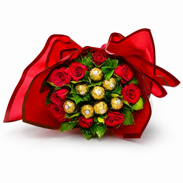 Buquê Amor em Ouro - Rosas con Ferrero