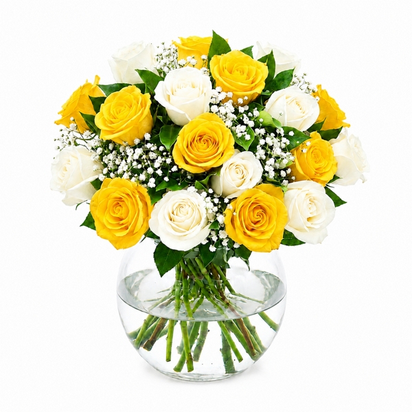 Arranjo Mix de Rosas Amarelas e Brancas- 12 rosas