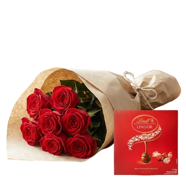 Buquê Amor com 7 Rosas Vermelhas no Kraft e Lindt Lindor 112g