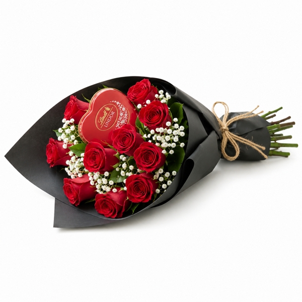 Buquê Sofisticado de Rosas Vermelhas com Lindt