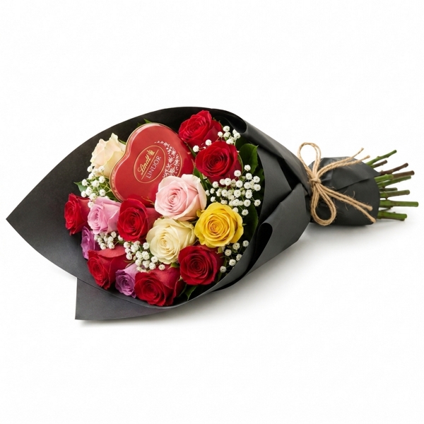 Buquê Sofisticado de Rosas Coloridas com Lindt