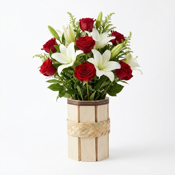 Arranjo de Rosas Vermelhas e Lírios Brancos no Vaso de Madeira