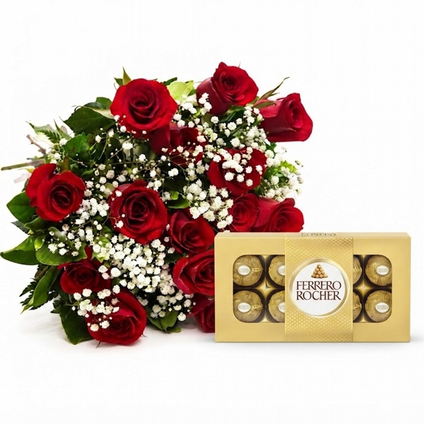 Buquê 10 Rosas com Ferrero Rocher 8 Unidades