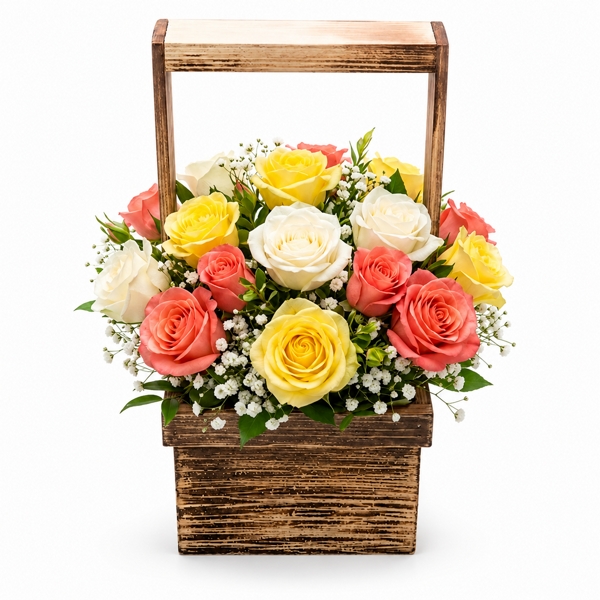 Arranjo com 15 Rosas Coloridas na Cestinha