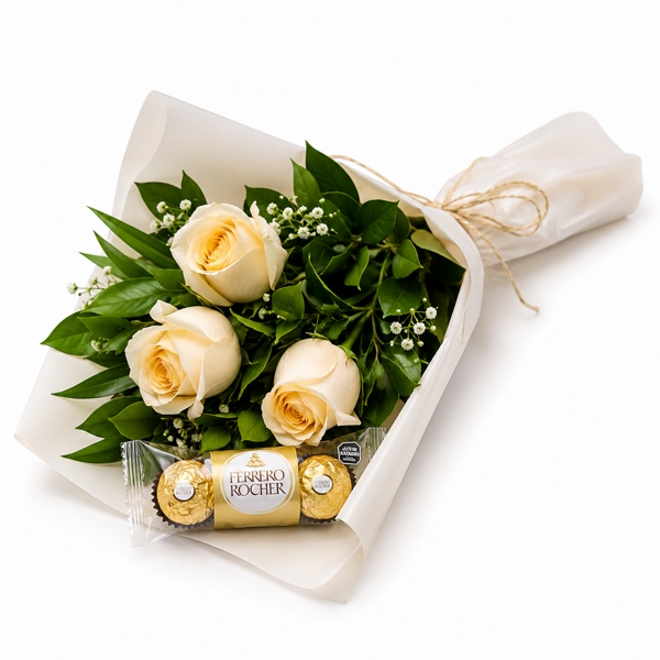 Ramalhete com 3 Rosas Champagne e Chocolate Ferrero 3Un