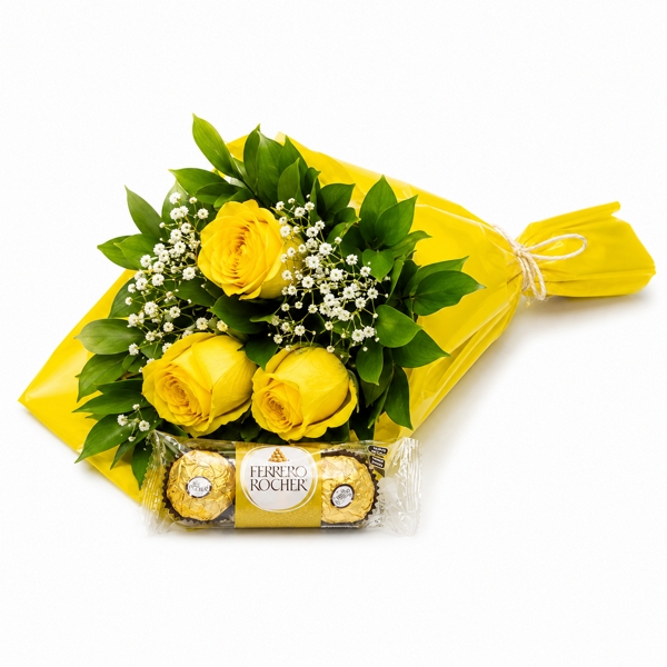 Ramalhete com 3 Rosas Amarelas e Chocolate Ferrero 3Un