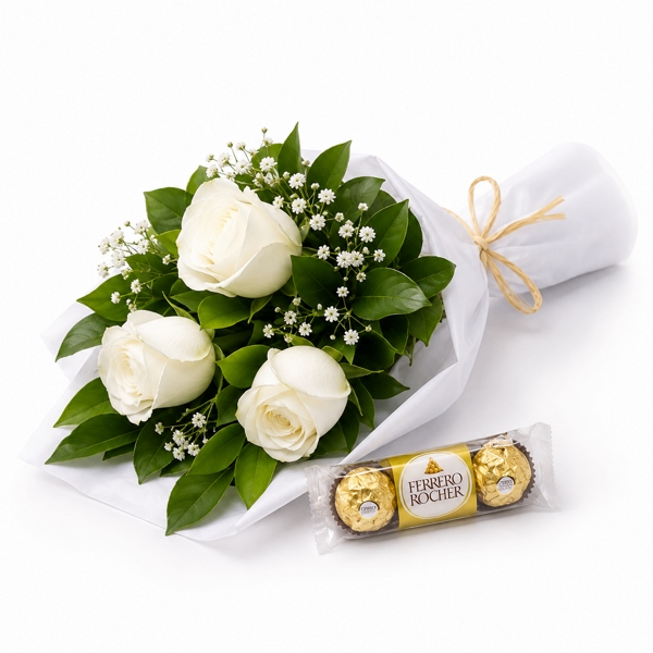 Ramalhete com 3 Rosas Brancas e Chocolate Ferrero 3Un