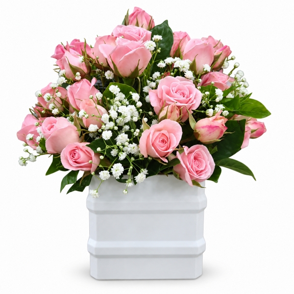Arranjo de Rosas Cor-de-Rosa em Vaso Branco