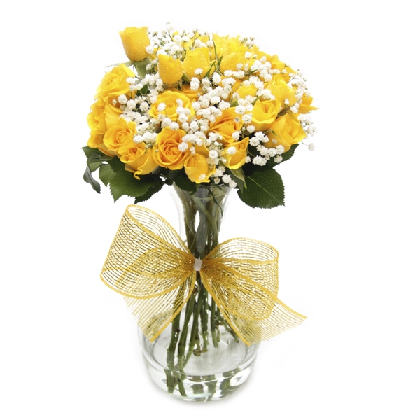 Arranjo De Mini Rosas Amarelas No Vaso De Vidro