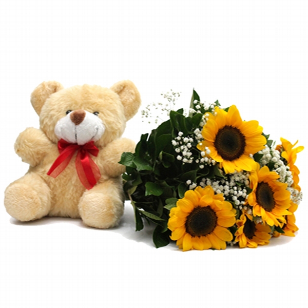 Buque de Girassol com Urso de Pelucia – 6 Unidades