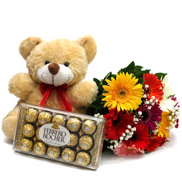 Buque de Gerberas com Urso de Pelucia e Chocolate